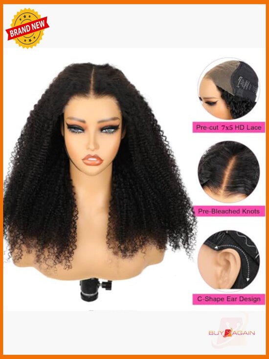 Glueless Wig Kinky Curly Lace Front Human Hair 7x5 HD Lace Pre Cut 20 Inch